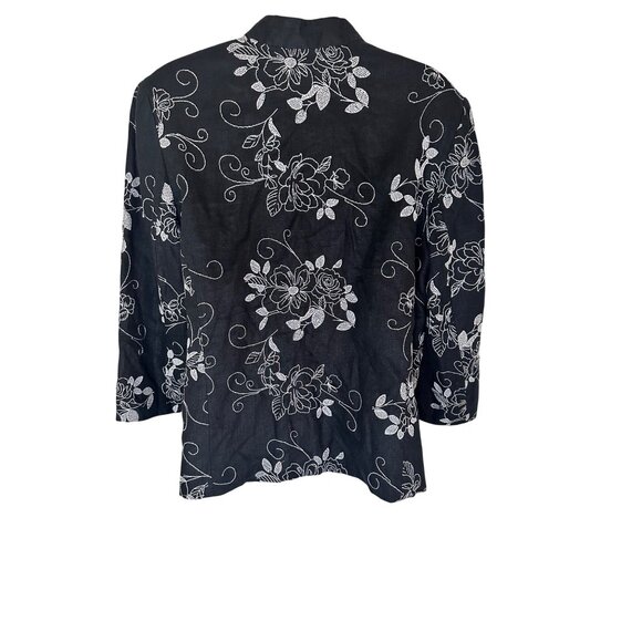 Black Floral Embroidered Linen Blend Button-Up Jacket 16P Boho Officecore - Picture 3 of 5